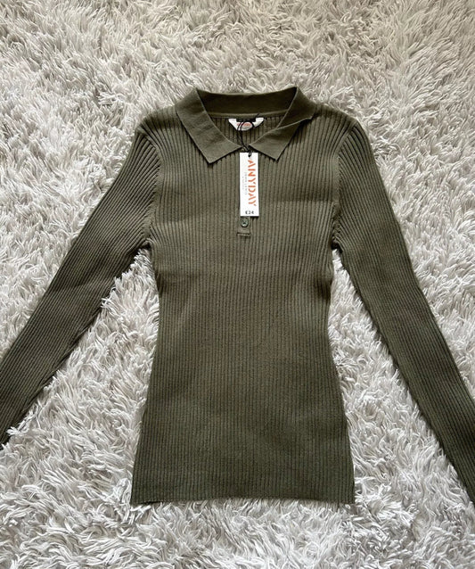 BNWT John Lewis Khaki Collared Knit Top Size Large RRP £24 - William George