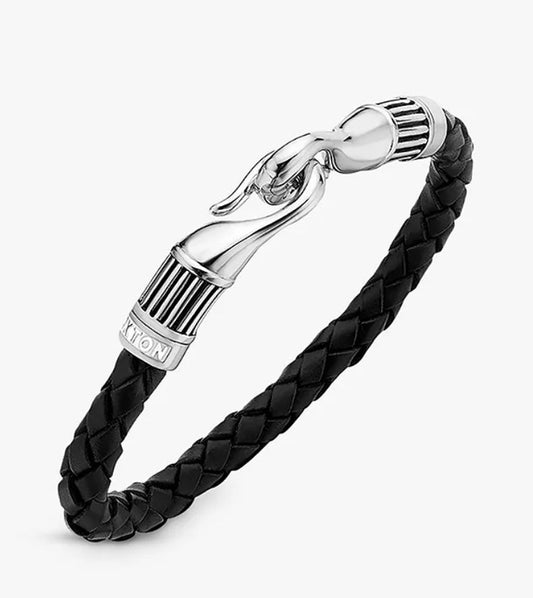 Hoxton London Men's Braided Leather Ribbed Hook Bracelet, Black/Silver - William George