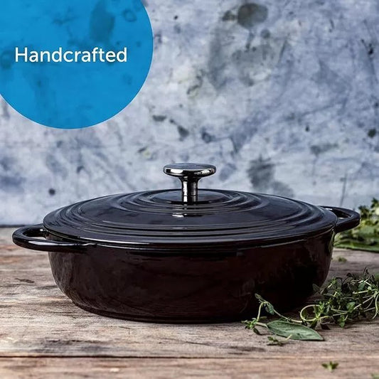 BK Bourgogne Enameled Cast Iron Shallow Casserole With Lid in Black - 28cm/4l - William George