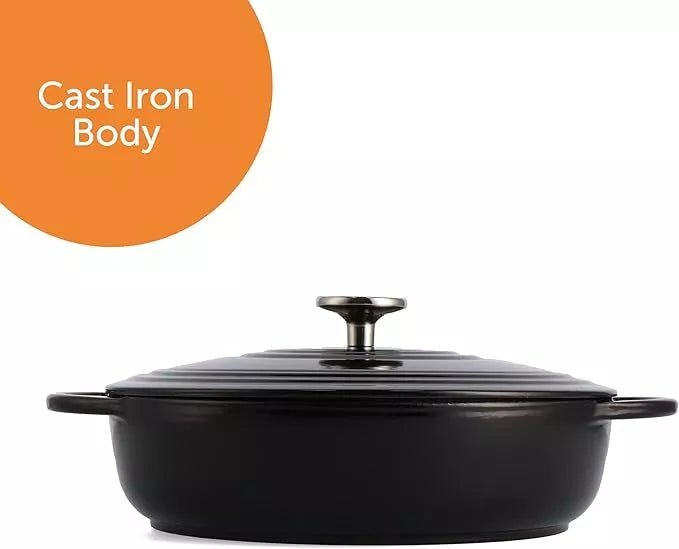 BK Bourgogne Enameled Cast Iron Shallow Casserole With Lid in Black - 28cm/4l - William George