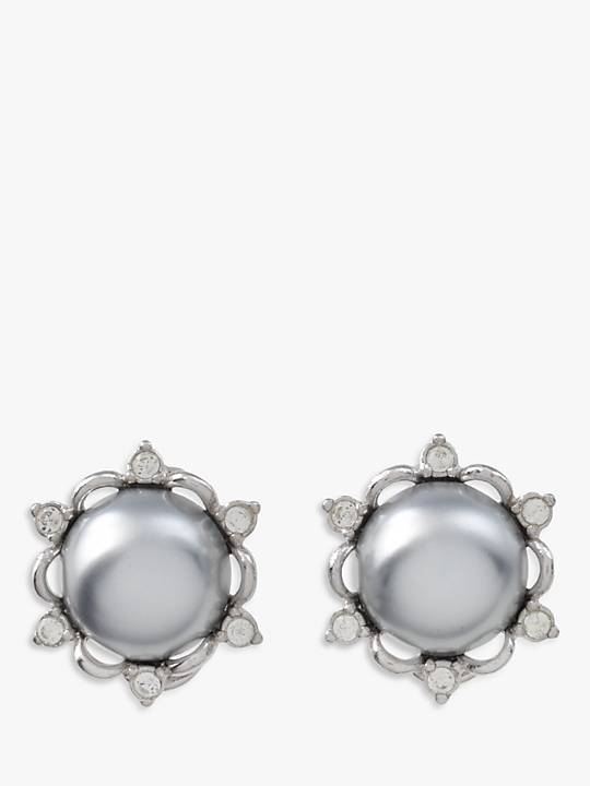 Eclectica Vintage Rhodium Plated Faux Pearl and Swarovski Crystal Clip - On Earrings - William George