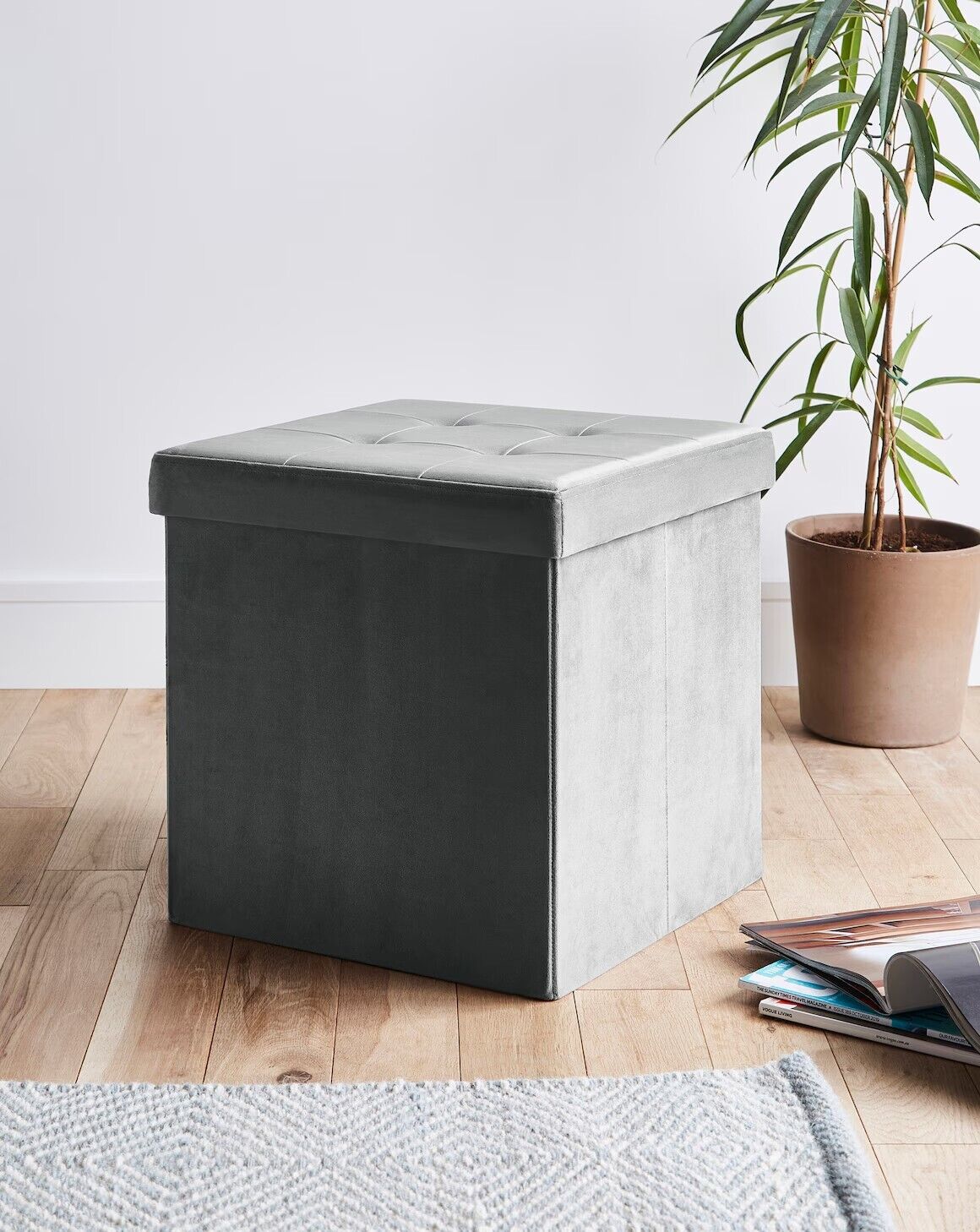 Grey Velvet Cube Storage Ottoman - William George