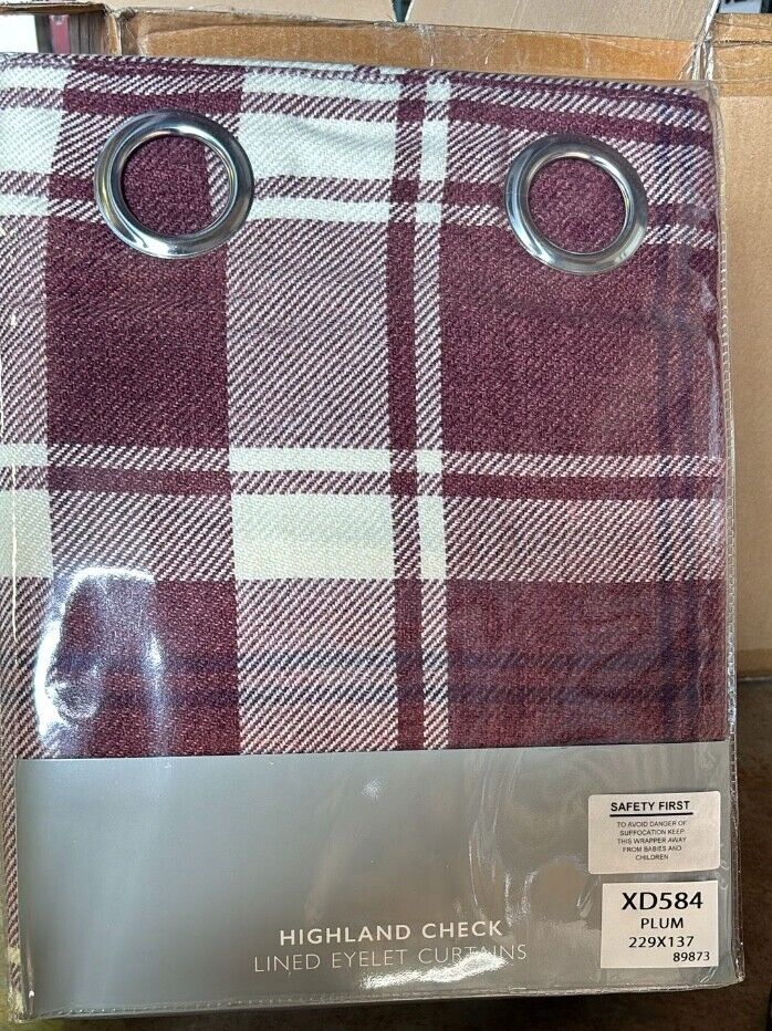 Highland Check Lined Eyelet Curtains Plum 229x137 cms RRP £58 - William George