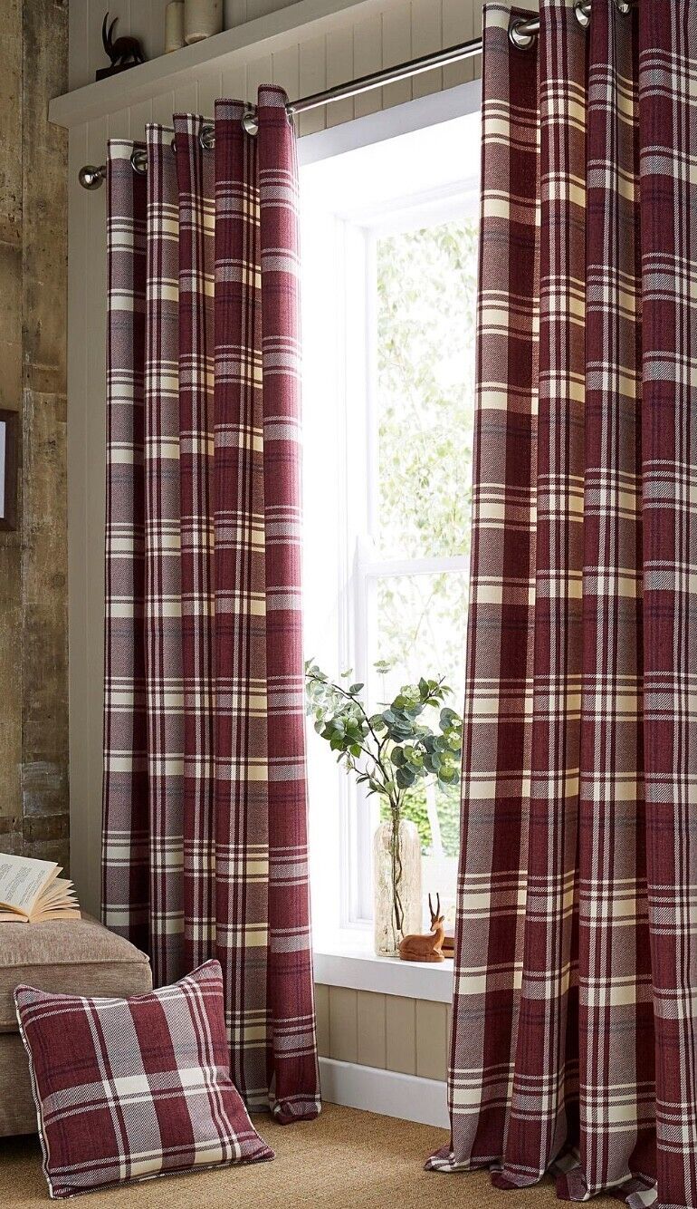 Highland Check Lined Eyelet Curtains Rust 229x137 cms RRP £58 - William George