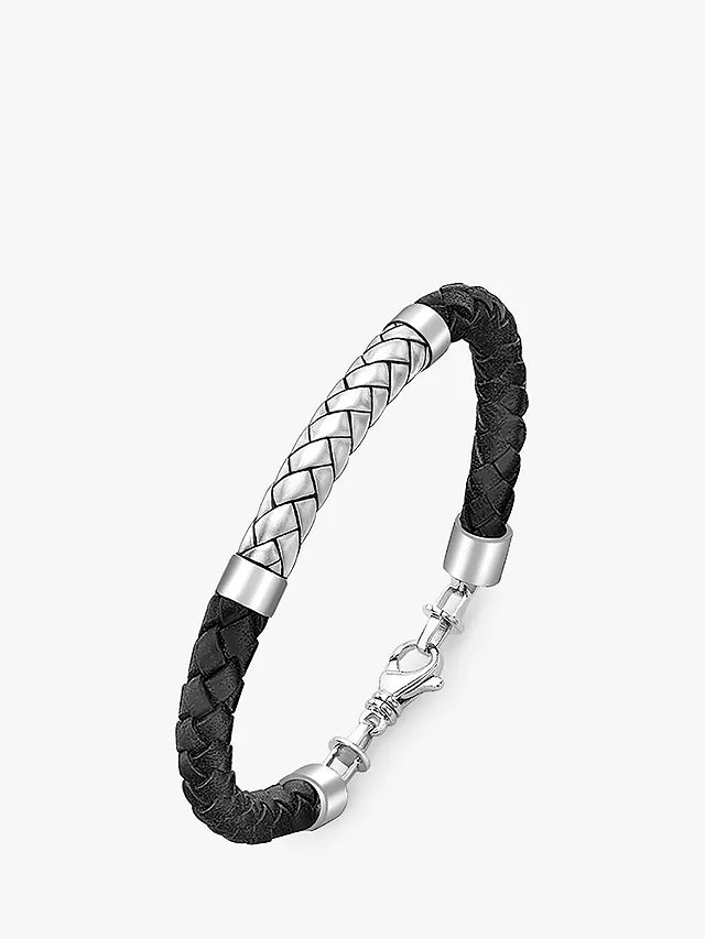 Hoxton London Men's Herringbone Braided Leather Bracelet, Black/Silver - William George