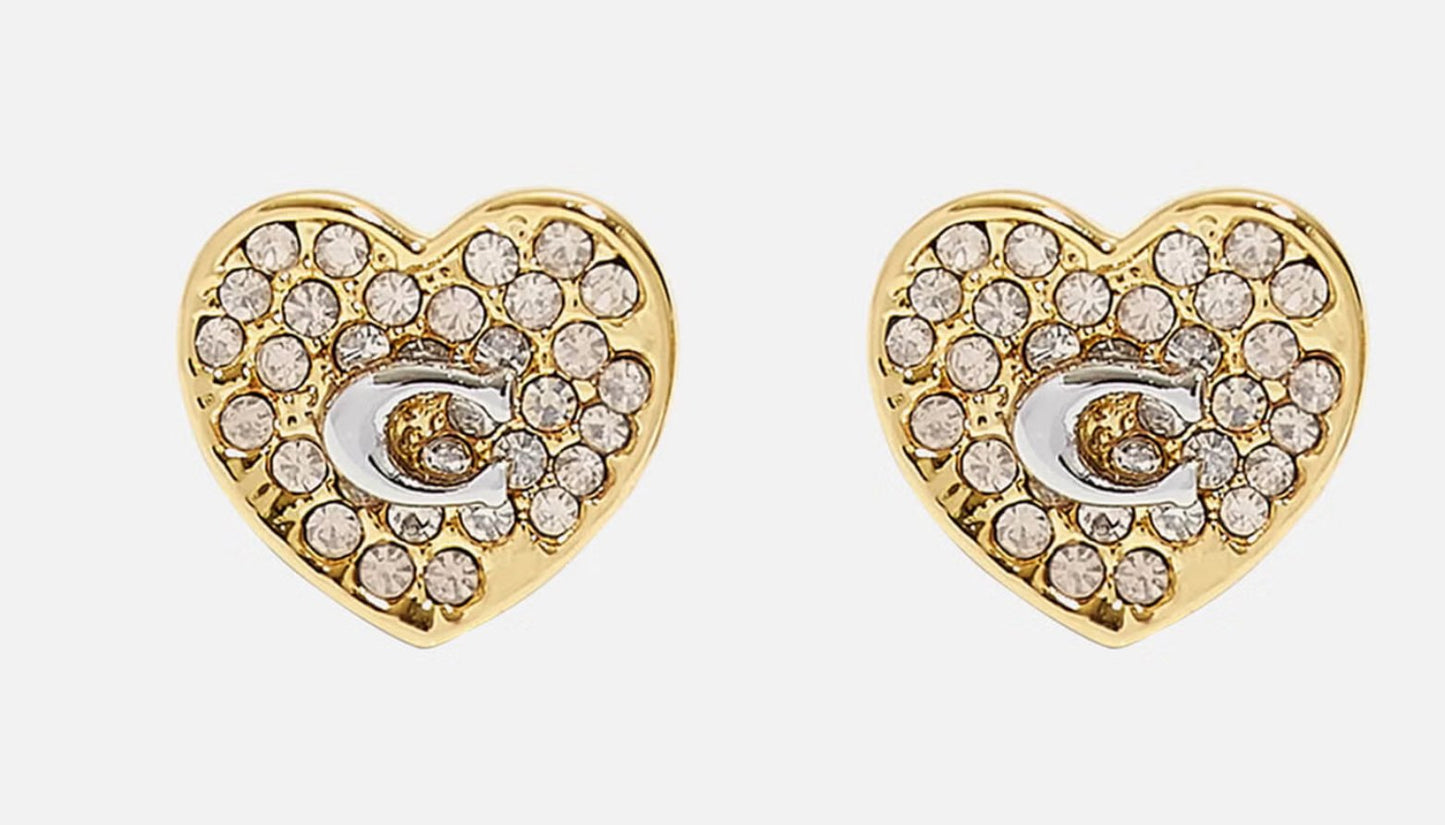 Coach Signature C & Pave Crystal Heart Stud Earring, Gold/Clear - William George