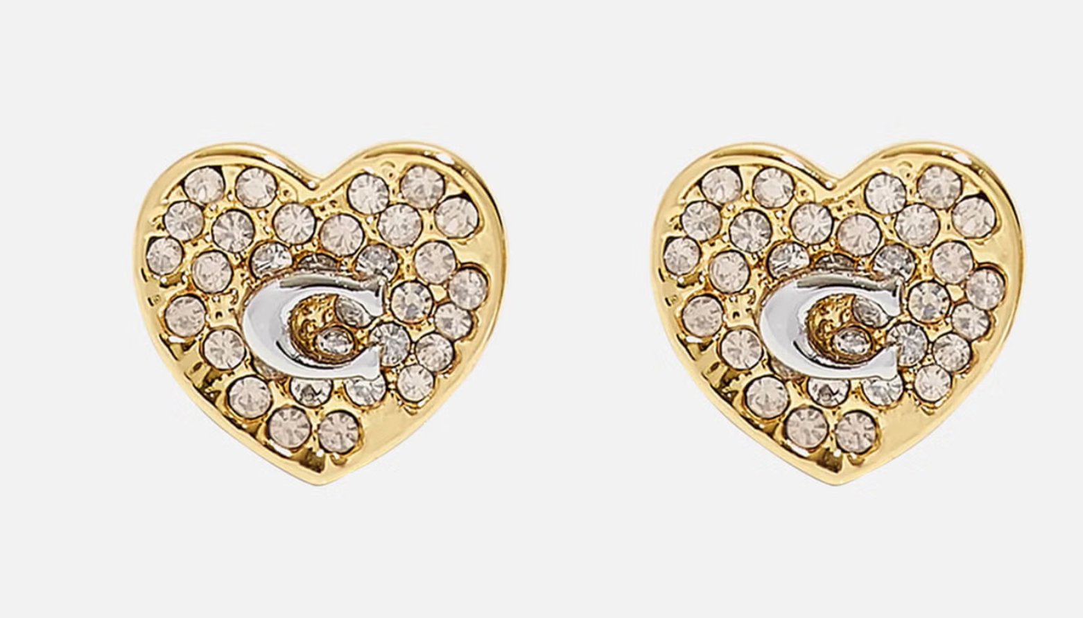 Coach Signature C & Pave Crystal Heart Stud Earring, Gold/Clear - William George